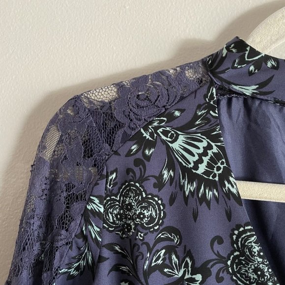 Belle+Sky Womn S Blue Floral Lace Detail Boho High Neck Cutout Tiered Maxi Dress - Picture 5 of 8